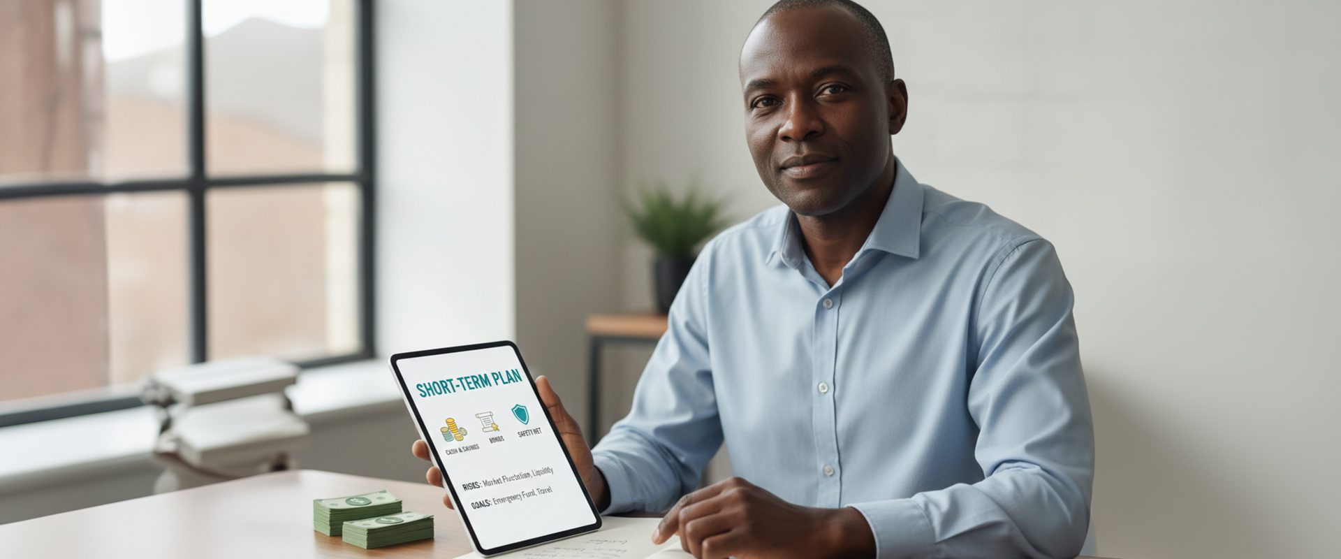 Calm investor reviewing a short-term plan with cash, bonds, and safety icons, avoiding volatile stock charts.
