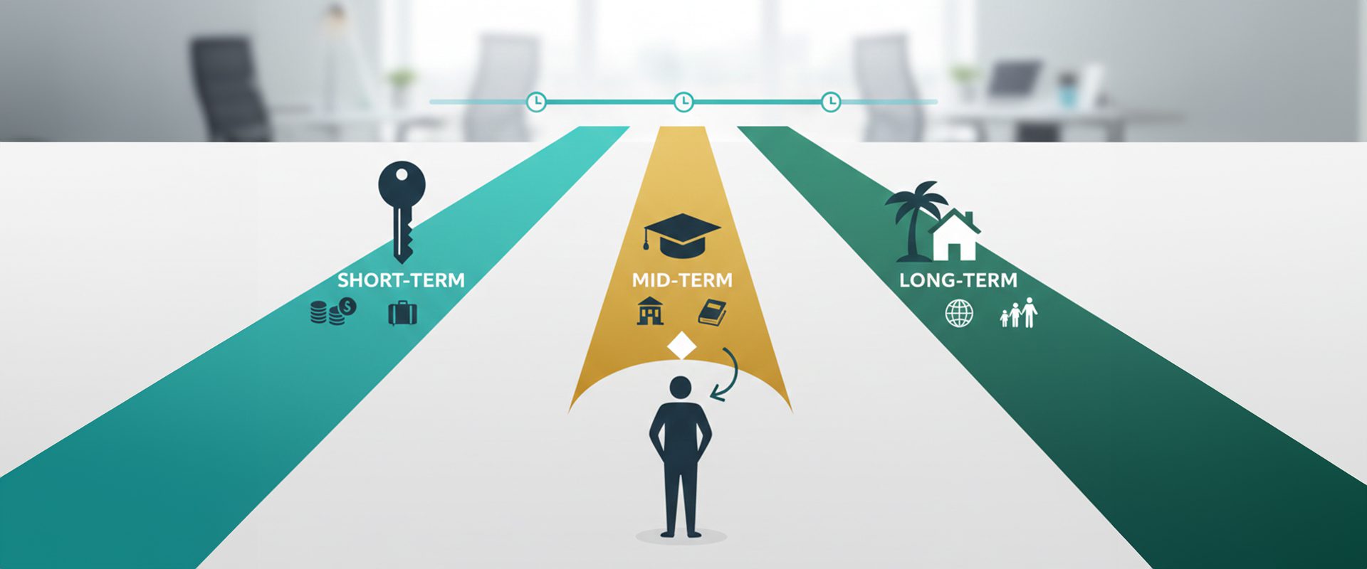 Simple graphic of investor choosing paths labeled "short-term," "mid-term," and "long-term across timeline horizon goals icons.