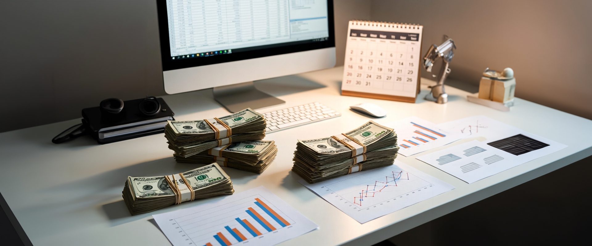 Professional desk scene with cash reserves, simple charts, and calendar emphasizing cautious short-term investing strategy.