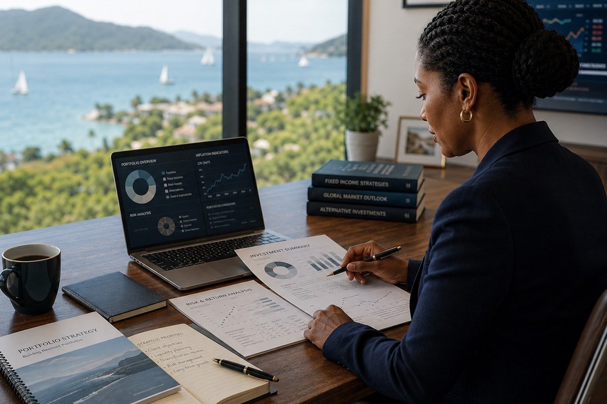 Financial professional reviewing portfolio performance reports and investment analytics while planning long-term wealth strategies
