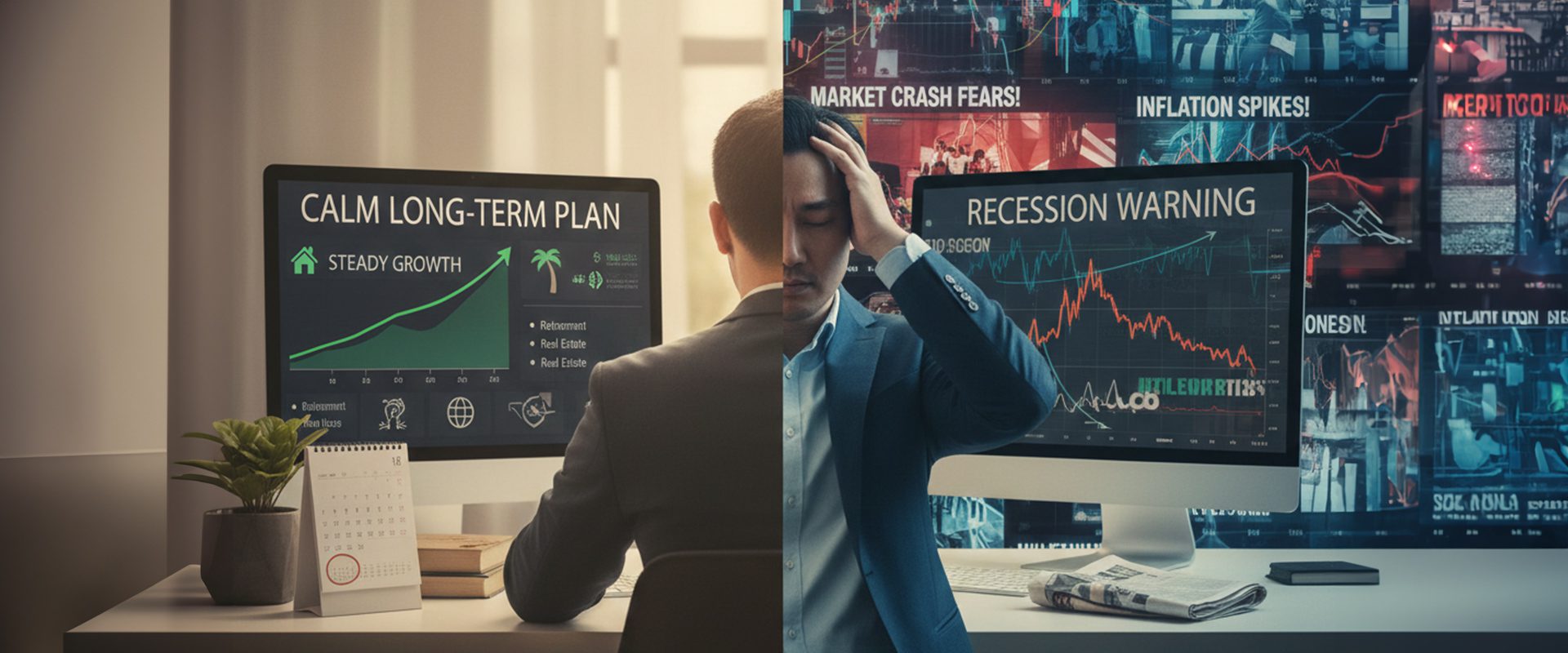Investor torn between calm long-term plan and chaotic headlines, illustrated by split screen financial imagery.