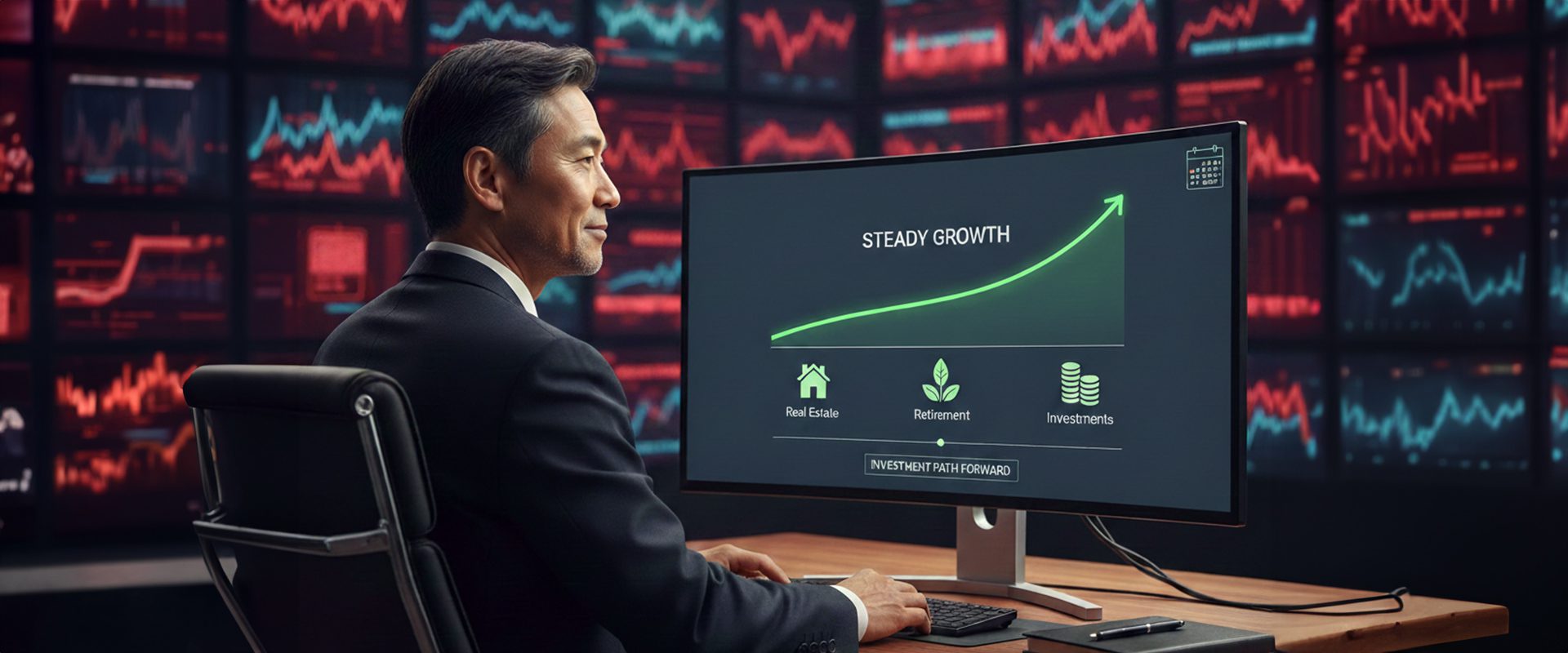 Person ignoring alarming financial news screens while confidently following a steady, well-marked investment path forward.