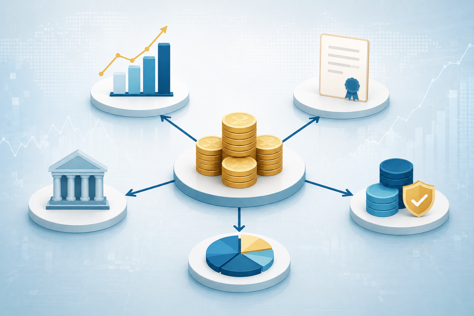 Investment diversification concept showing funds spread across asset categories.