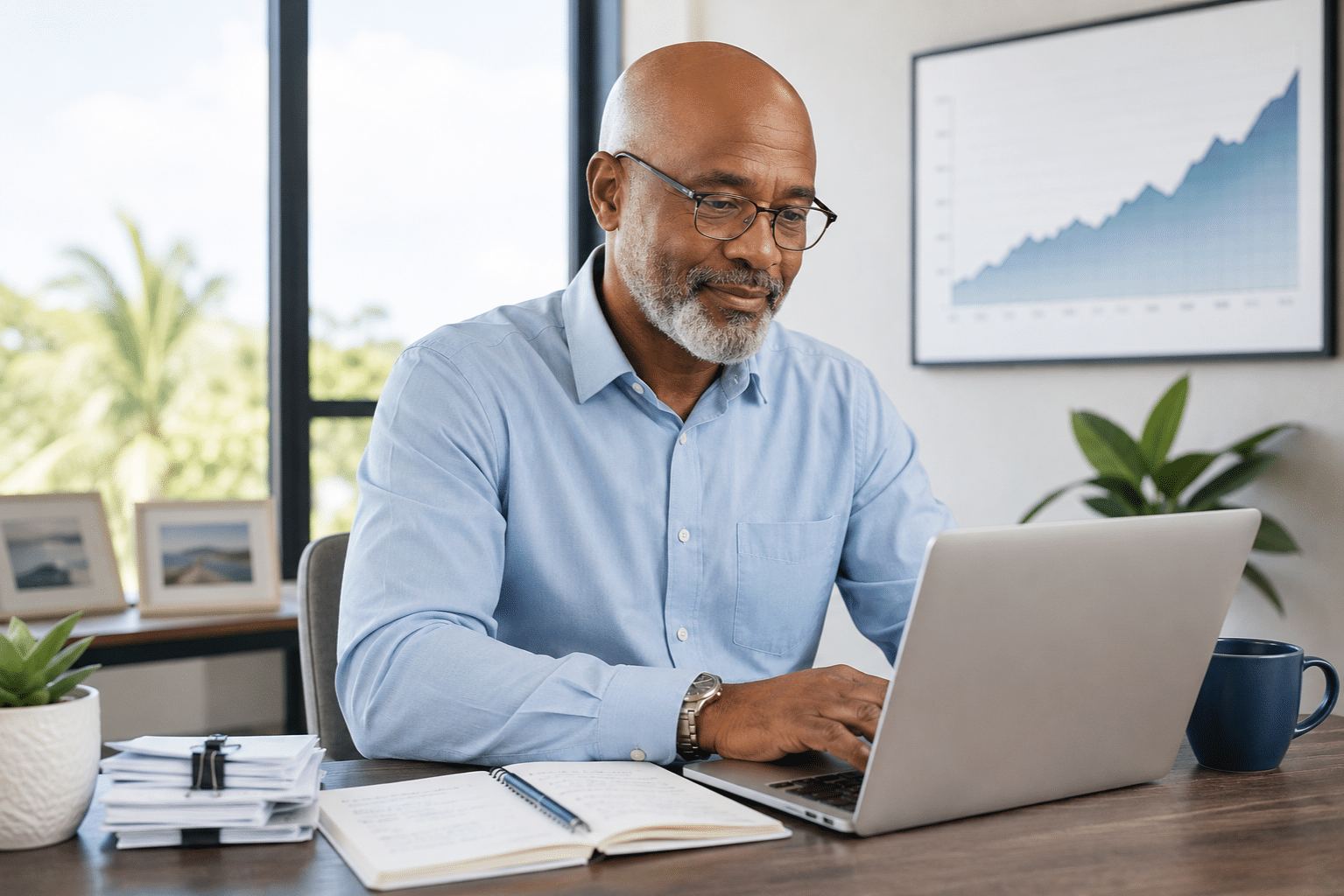 Jamaican investor reviewing portfolio performance on a laptop in his office.