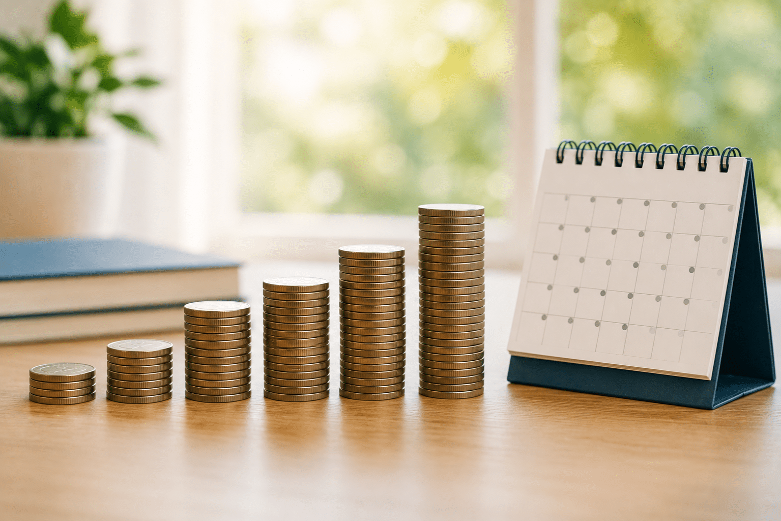 Stacks of coins beside a calendar representing steady investment growth over time.