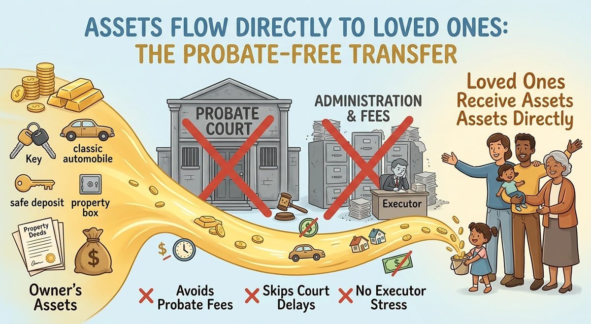 Illustration of assets flowing directly to loved ones, skipping probate court and executor administration entirely. 