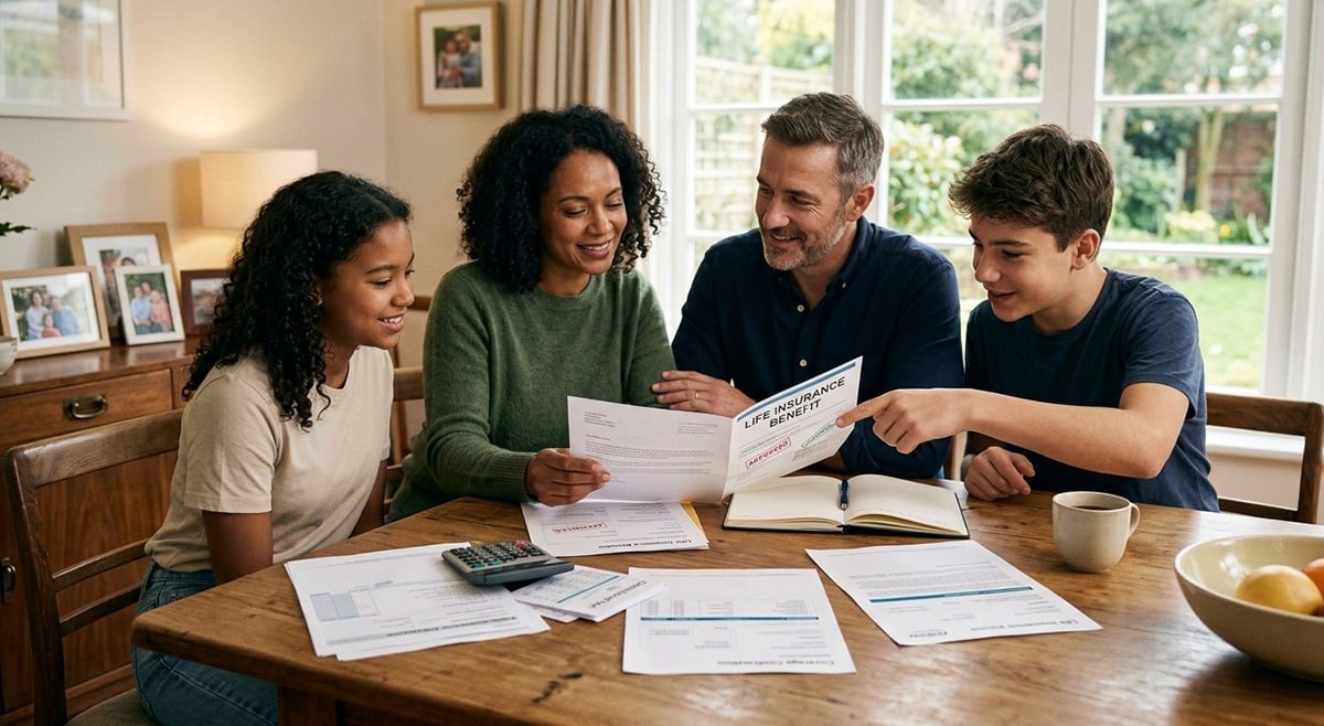 Family receiving life insurance payout paperwork with relieved expressions and financial documents on dining table. 