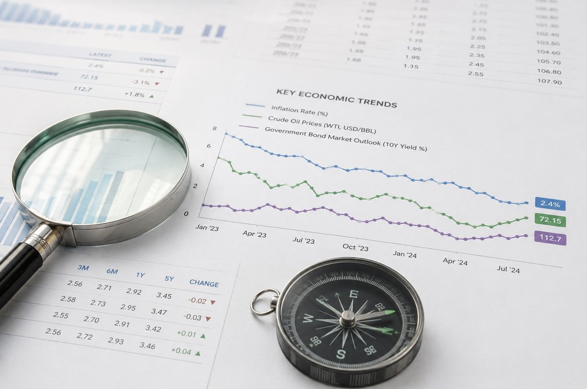 Magnifying glass and compass analysing economic trends, inflation, and government bond market data.