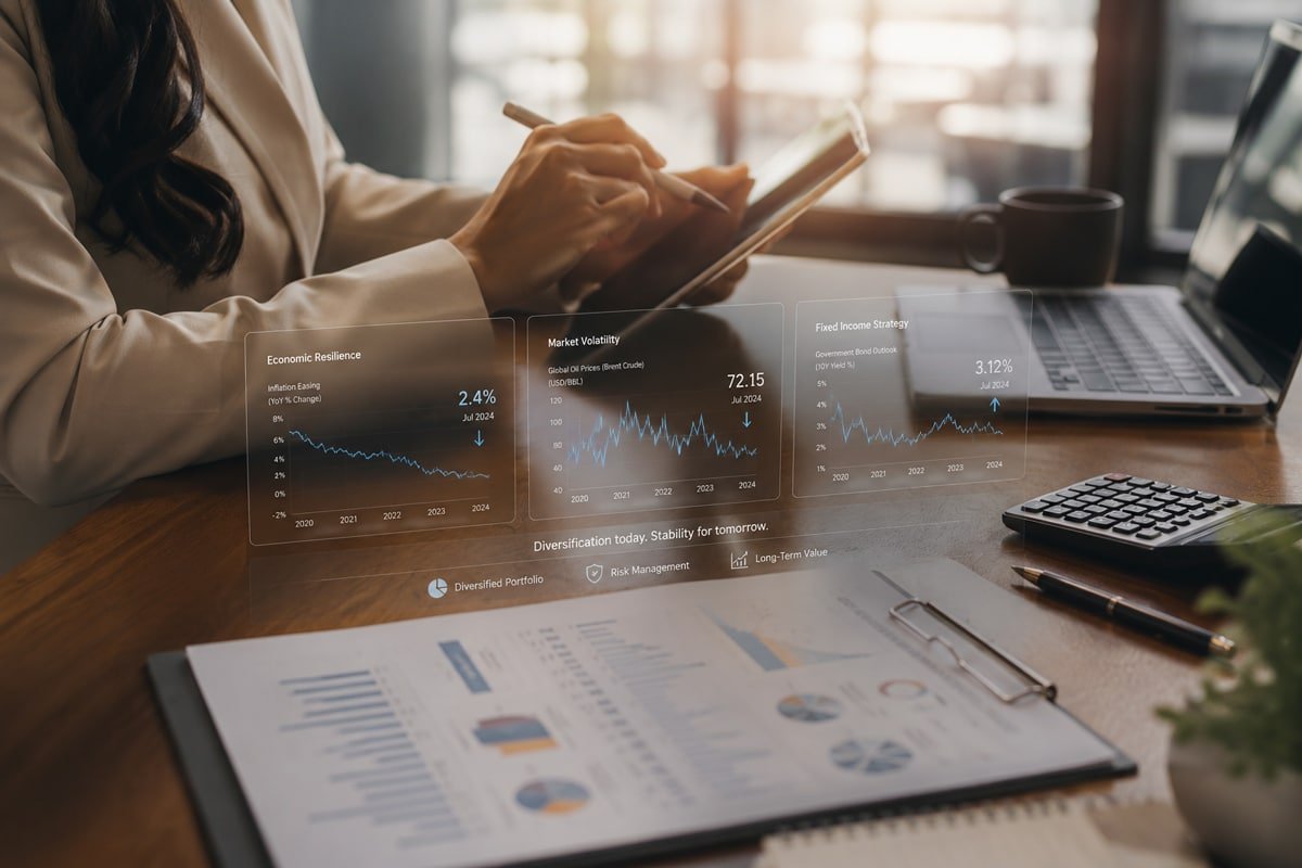 Financial advisor reviews investment portfolio and market trends on a digital dashboard.
