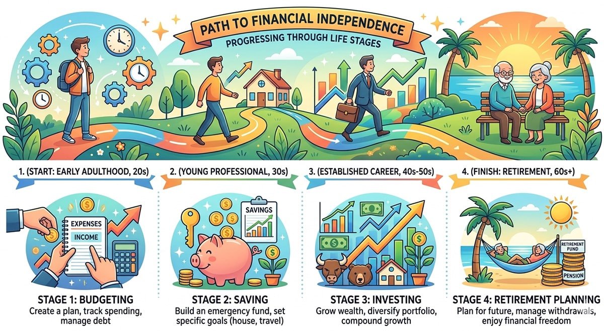 Young professional reviewing finances on tablet with charts, advisor consultation, and retirement planning visuals icons