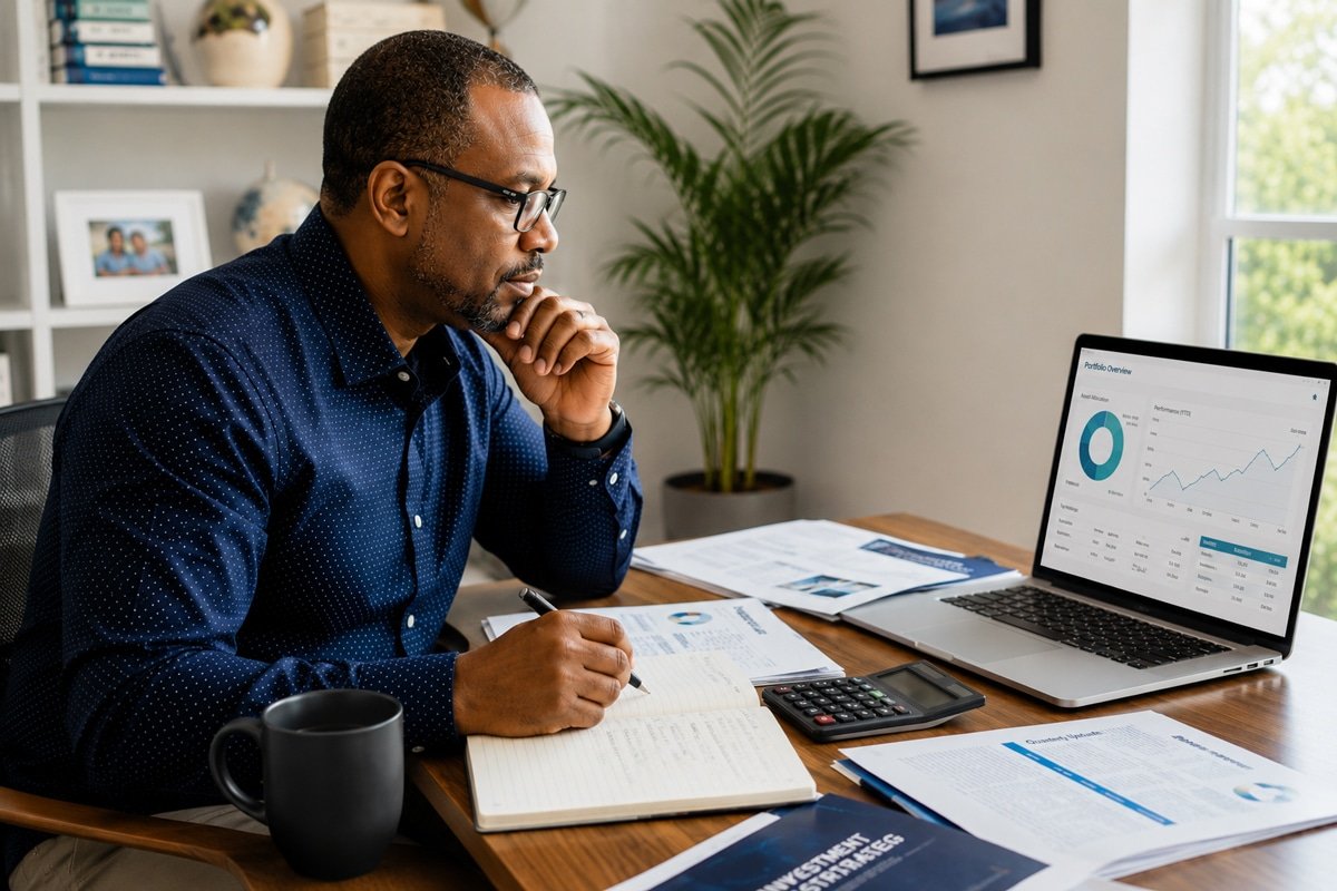 Person reviewing finances at desk with laptop, calculator, notes, looking thoughtful about investment risk decisions