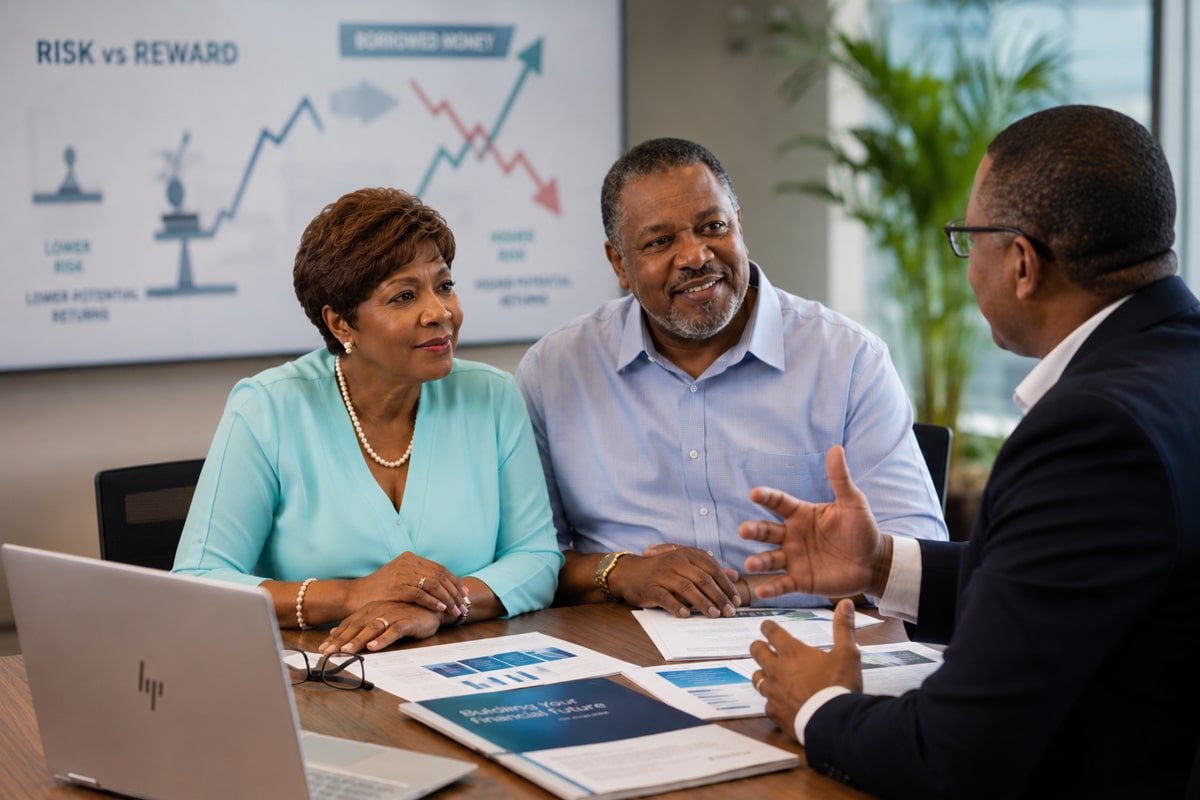 Couple talking to advisor about borrowing money.