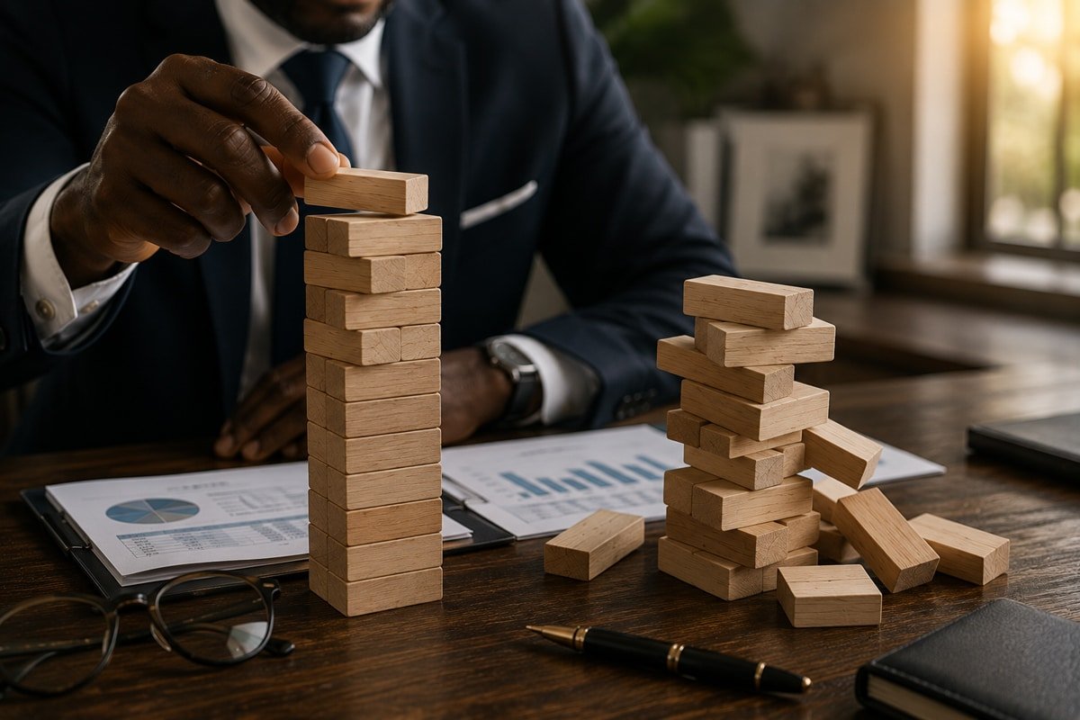 Financial advisor illustrating investment risk and portfolio stability using a wooden block tower.