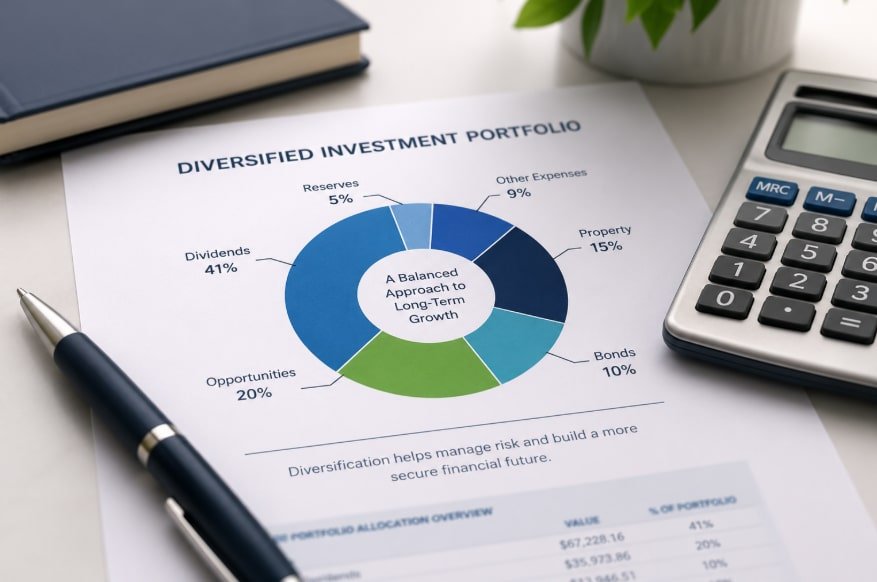 Diversified investment portfolio chart illustrating balanced asset allocation