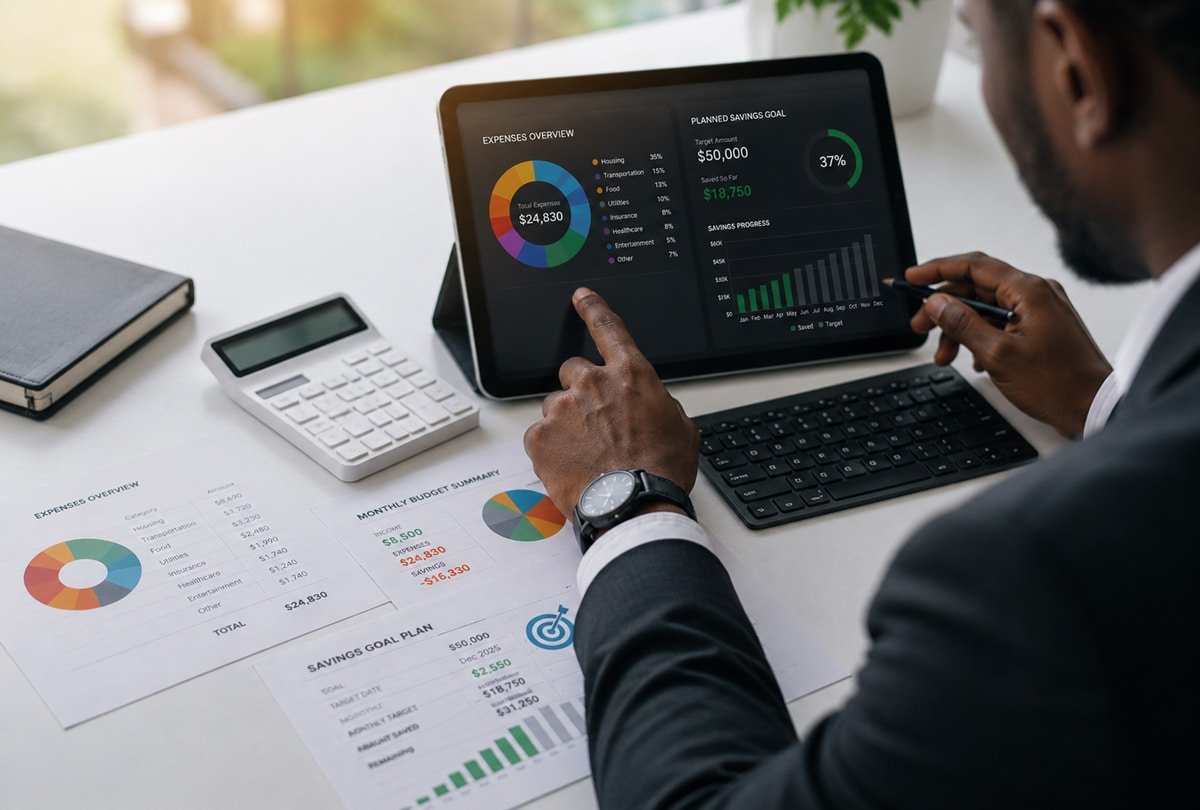 Financial advisor reviewing budget, savings goals and estate planning on a digital dashboard.