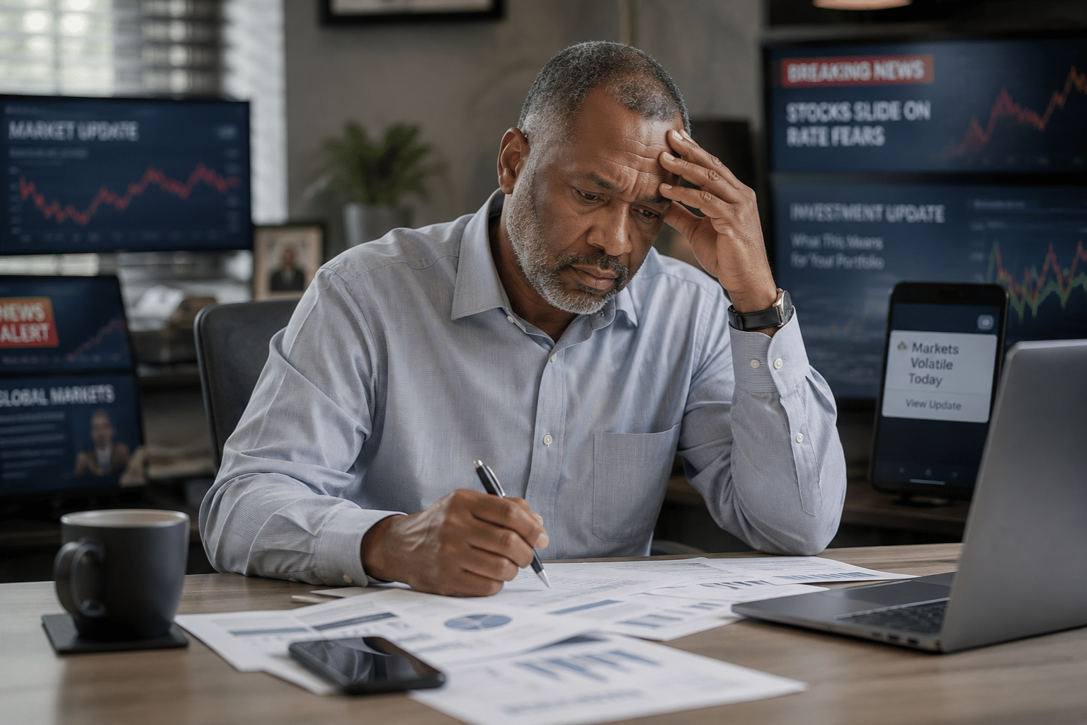 Jamaican investor reviewing market reports amid periods of stock volatility.