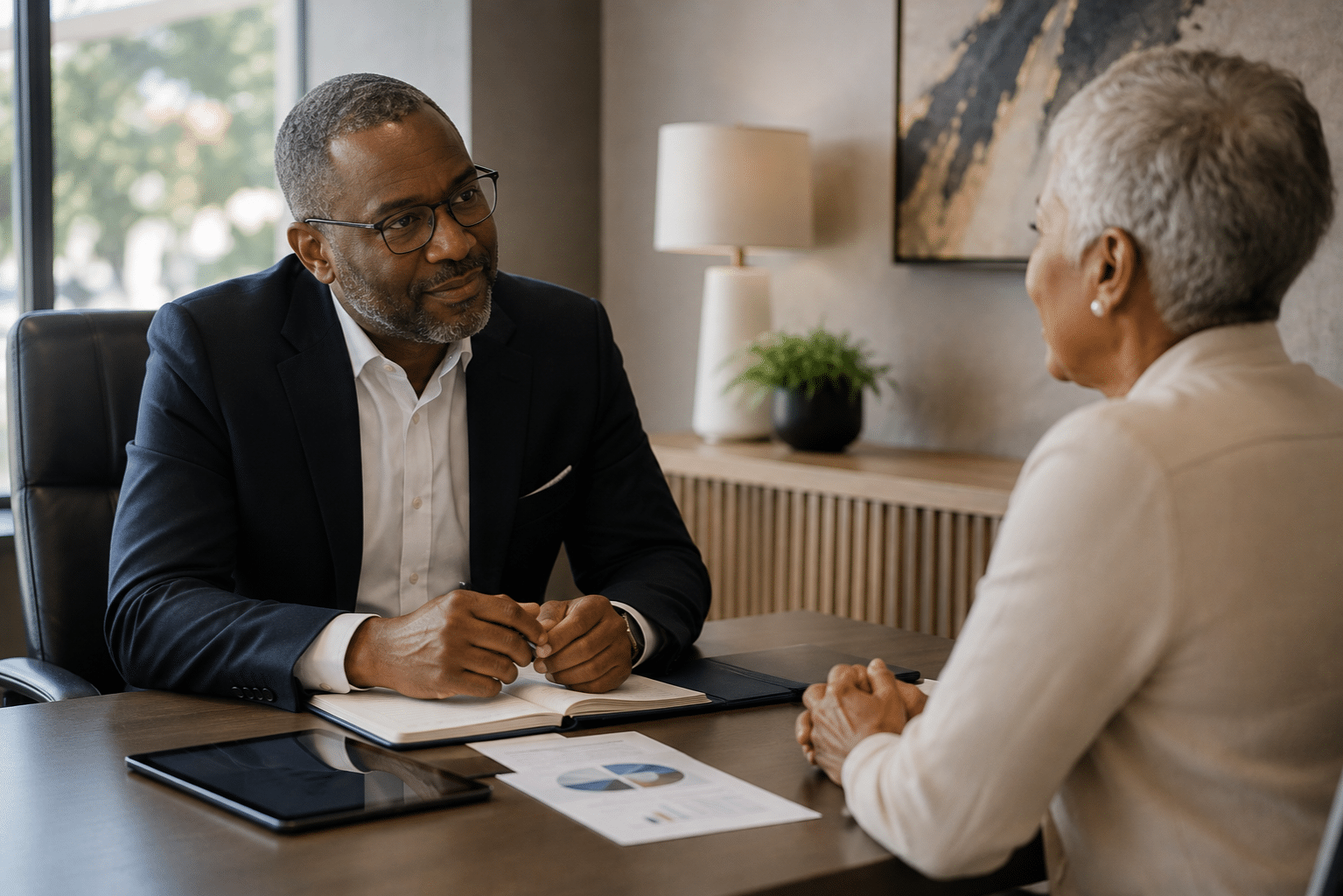 Financial adviser discussing investment options with an older Jamaican client.
