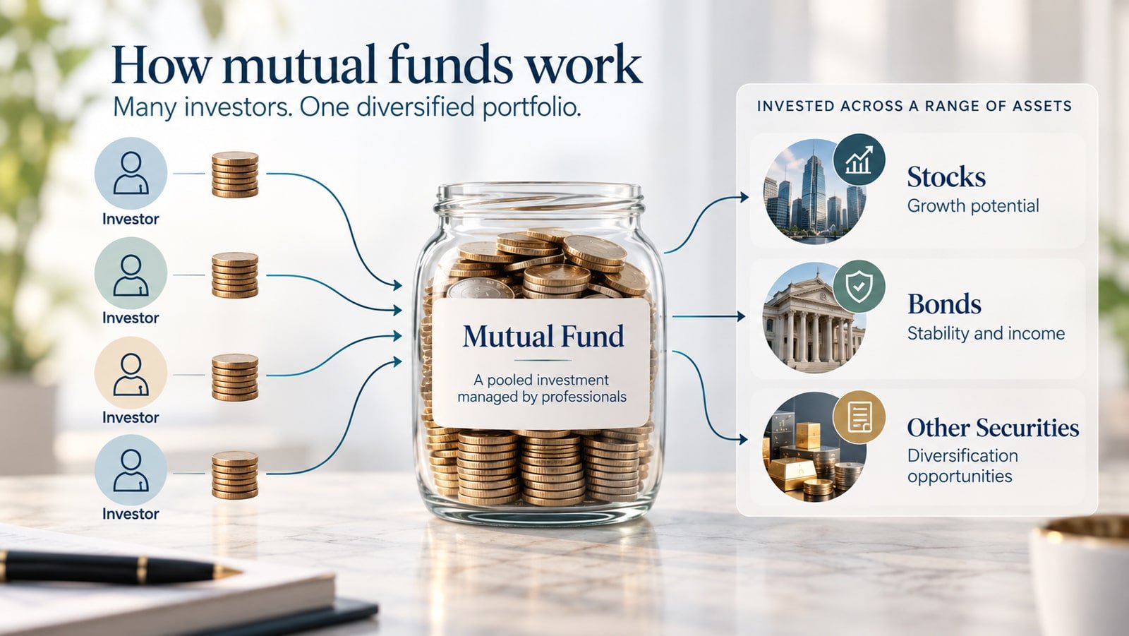 Diagram showing investors pooling money into a mutual fund across stocks, bonds and securities