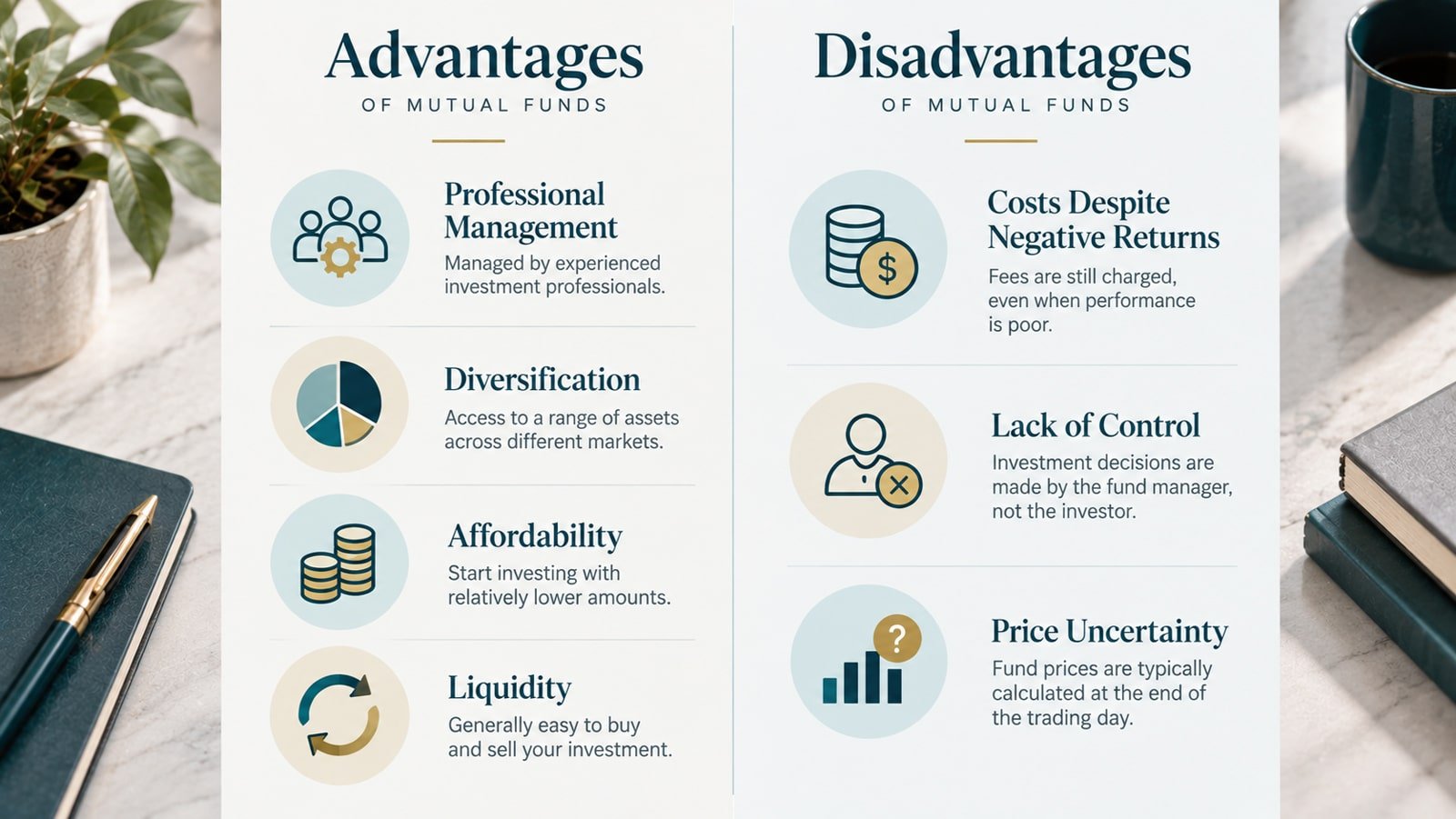 Mutual fund advantages and disadvantages including management, liquidity, costs and control
