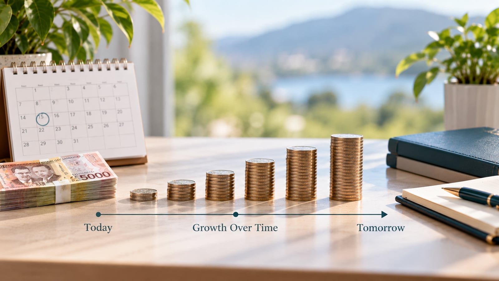 Jamaican dollars and rising coin stacks show short-term savings growing toward future goals