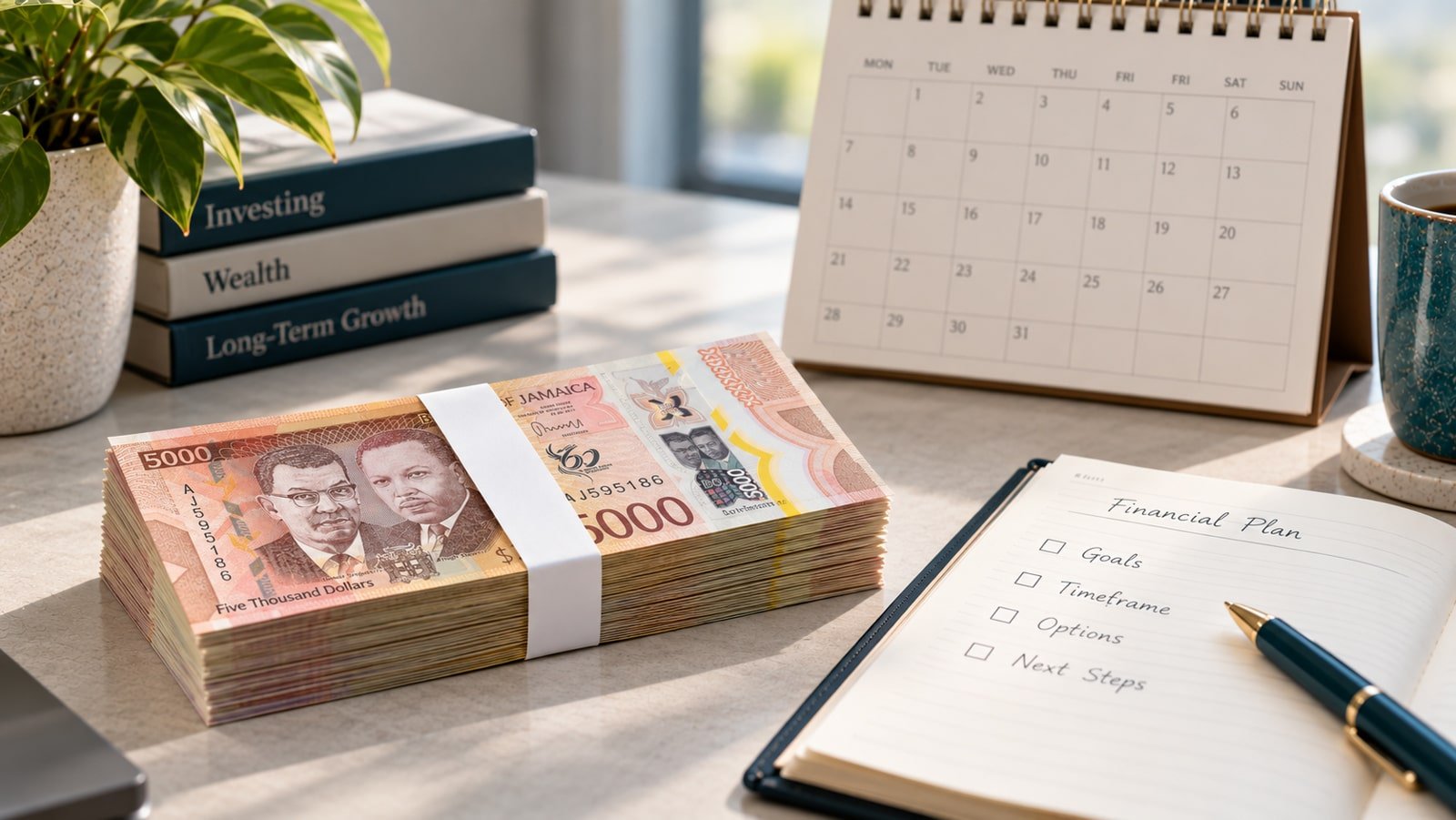 Jamaican dollars beside a calendar and financial plan for short-term investment decisions