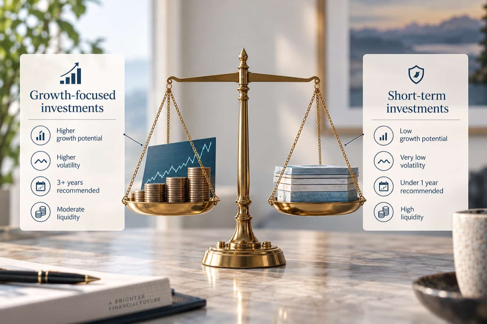 Balance scales comparing growth-focused and short-term investment characteristics