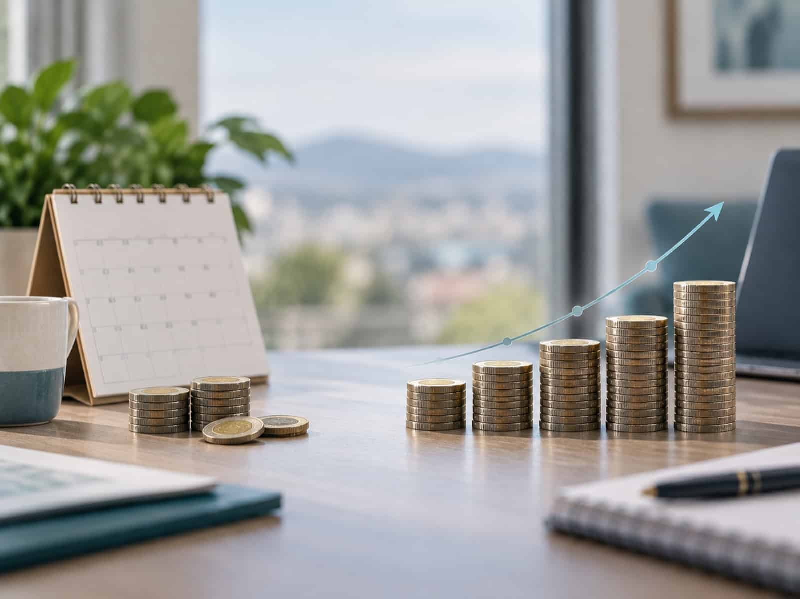 Calendar beside rising coin stacks illustrating steady long-term investment growth