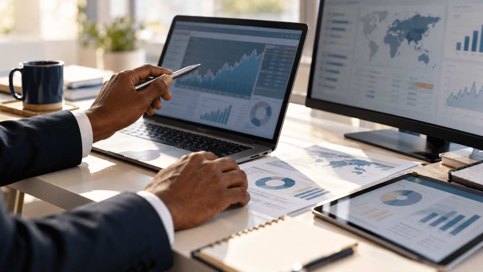Financial advisor analysing investment performance, market trends and global portfolio risks