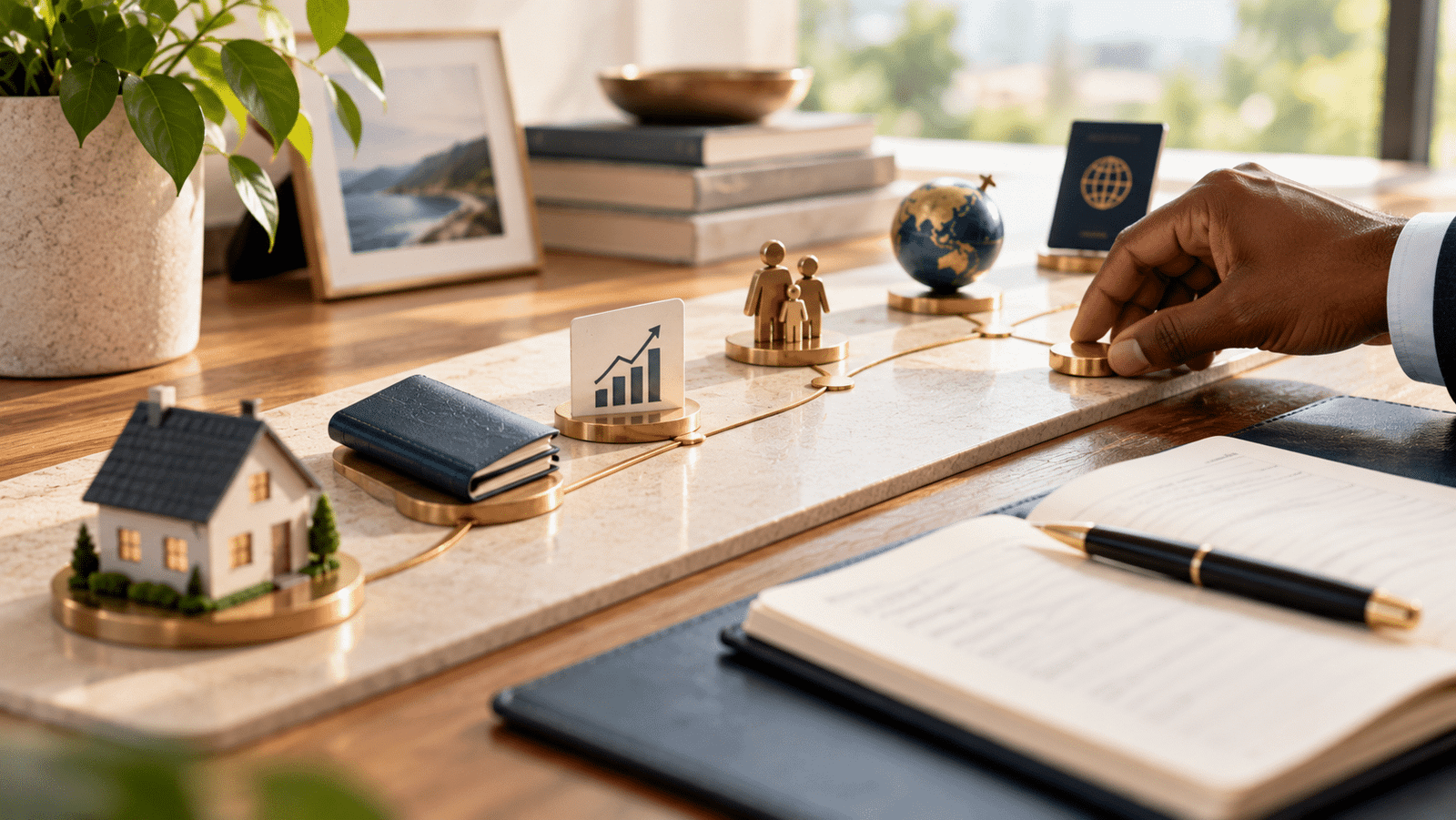 Symbolic wealth management display showing property, investment growth, family and global assets