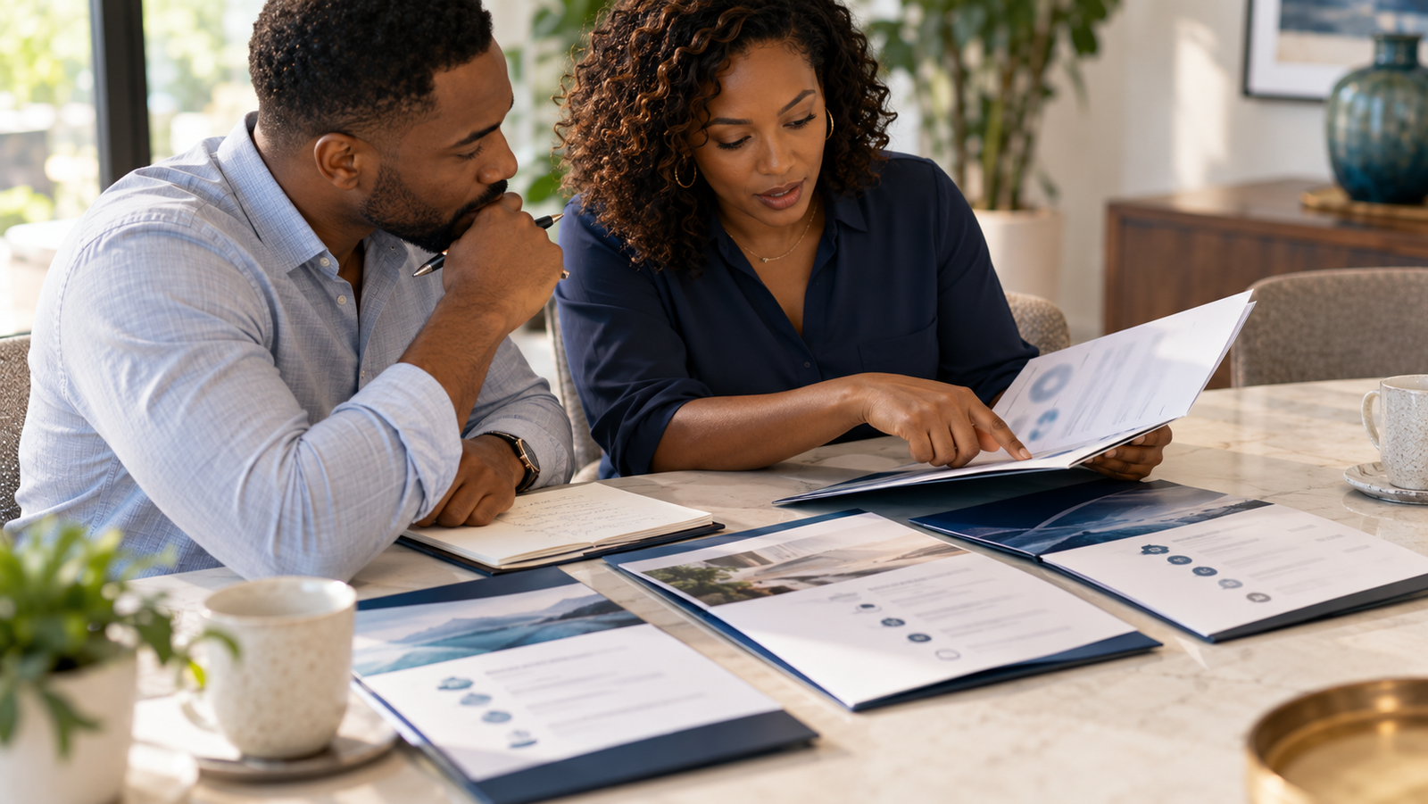 Financial advisor discussing investment documents and wealth management options with a client